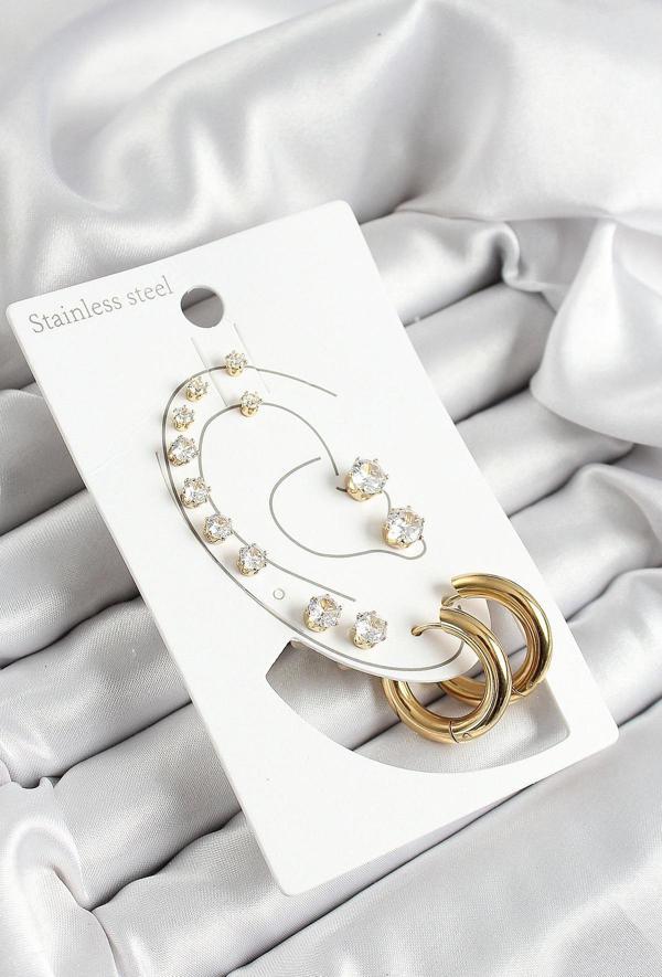 Halka Figürlü Ve Zirkon Taşlı Gold Renk 7'li Çift Kadın Küpe Set - EBJ250530W34467 - Image 1