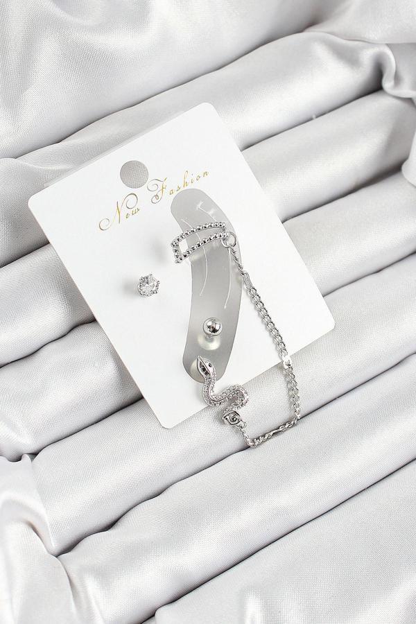 Pirinç Yılan Figürlü Zirkon Taşlı Gümüş Renk 3'lü Kıkırdak Kadın Küpe Set - EBJ250530W34486 - Image 1