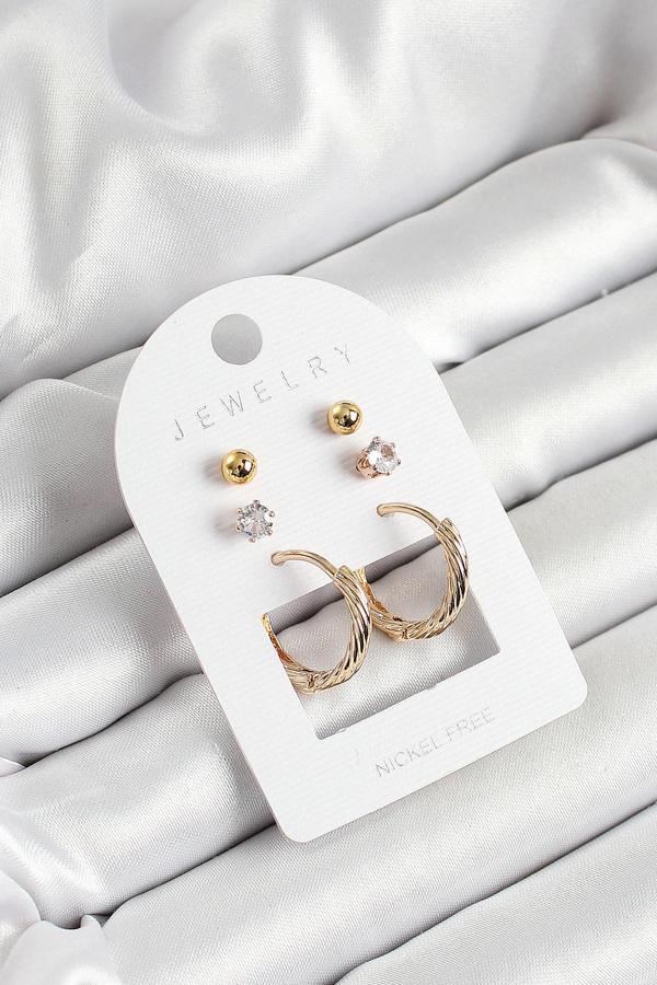 Pirinç Zirkon Taş Ve Halka Figürlü Gold Renk 3'lü Çift Kadın Küpe Set - EBJ250530W34478 - Image 1