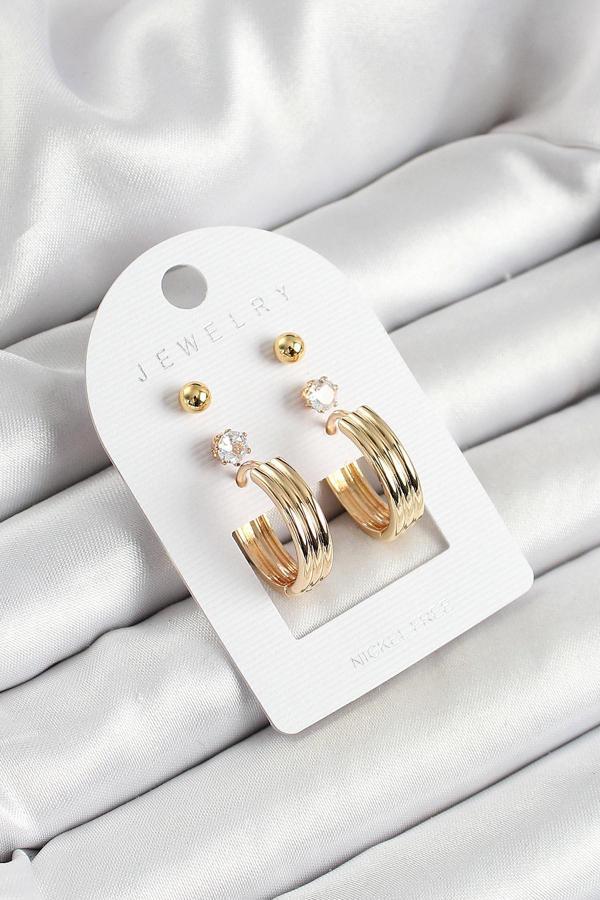 Pirinç Zirkon Taş Ve Halka Figürlü Gold Renk 3'lü Çift Kadın Küpe Set - EBJ250530W34481 - Image 1