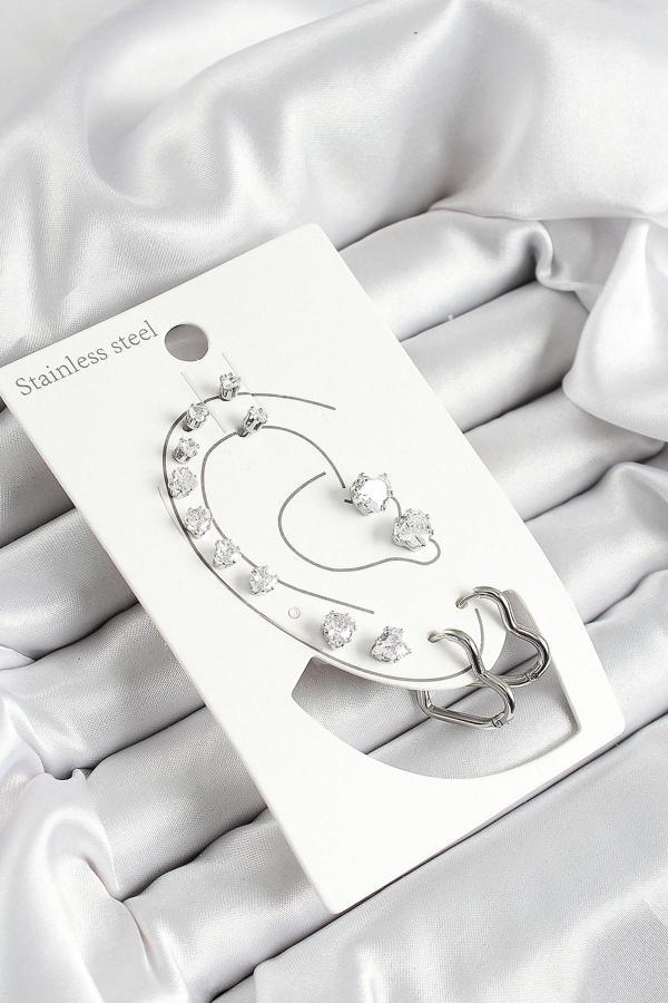 Kalp Figürlü Ve Zirkon Taşlı Gümüş Renk 7'li Çift Kadın Küpe Set - EBJ250530W34465 - Image 1