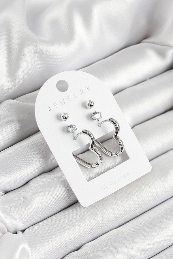 Pirinç Zirkon Taş Ve Kalp Figürlü Gümüş Renk 3'lü Çift Kadın Küpe Set - EBJ250530W34470 - Image 1