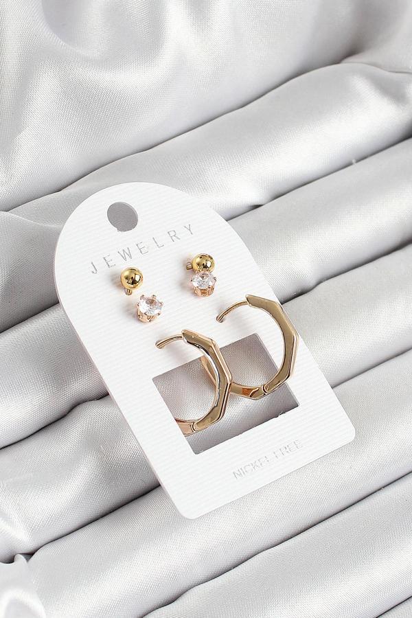 Pirinç Zirkon Taş Ve Kemik Halka Figürlü Gold Renk 3'lü Çift Kadın Küpe Set - EBJ250530W34480 - Image 1