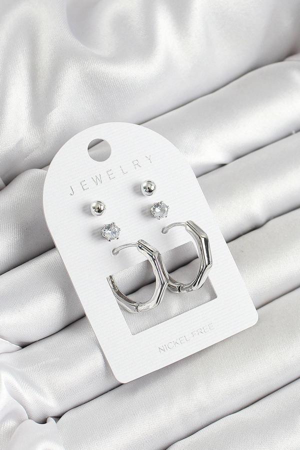 Pirinç Zirkon Taş Ve Kemik Halka Figürlü Gümüş Renk 3'lü Çift Kadın Küpe Set - EBJ250530W34474 - Image 1