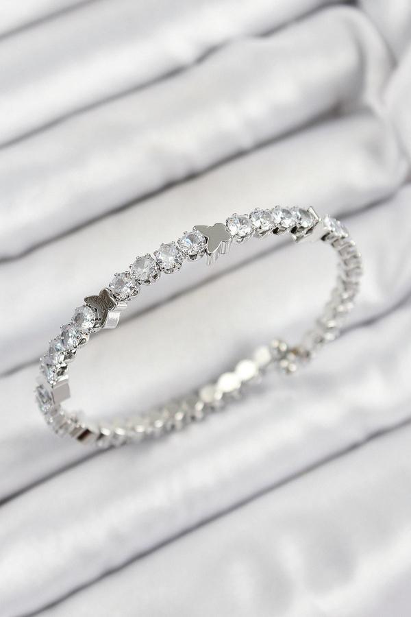 Pirinç Zirkon Taşlı Kalp Model Gümüş Renk Yaylı Kadın Bileklik - EBJ250628W35820 - Image 1