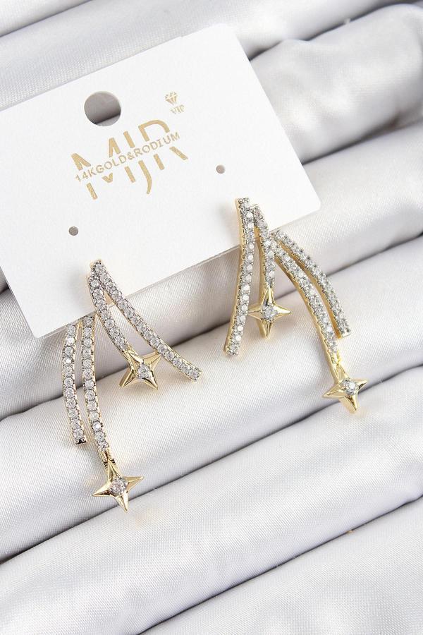 Pirinç Zirkon Taşlı Kayan Yıldız Model Gold Ve Gümüş Renk Kadın Küpe - EBJ250628W35842 - Image 1