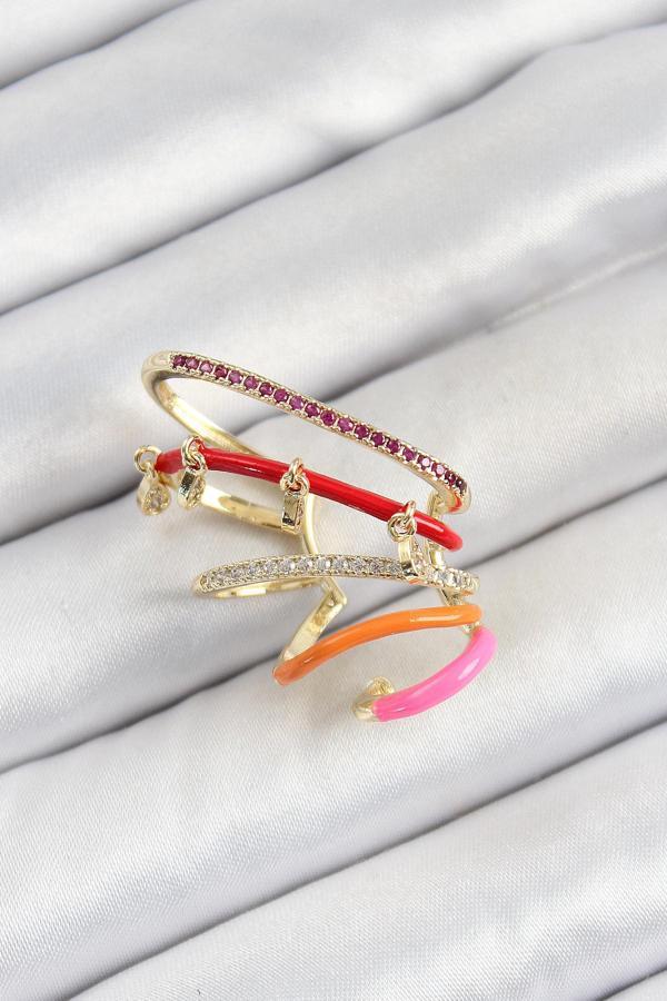 Pirinç Zirkon Taşlı Kırmızı Turuncu Pembe Sıkıştırma Sağ Kıkırdak Gold Renk Kadın Küpe - EBJ250620W35740 - Image 1