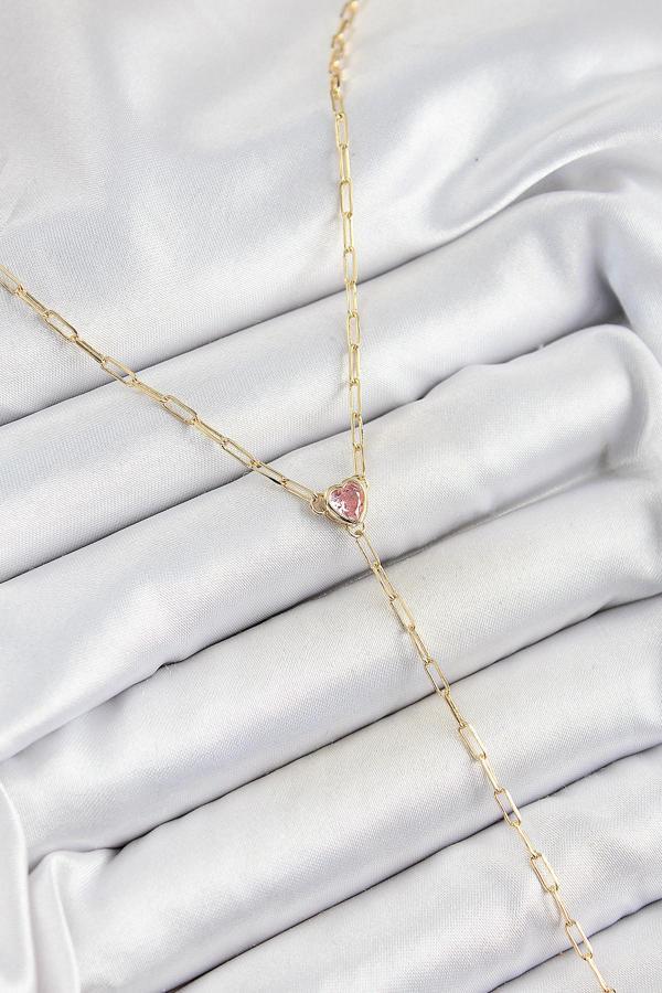 Pirinç Zirkon Taşlı Pembe Kalp Figürlü Y Model Gold Renk Kadın Kolye - EBJ250628W35864 - Image 1
