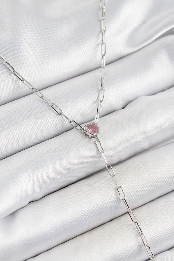 Pirinç Zirkon Taşlı Pembe Kalp Figürlü Y Model Gümüş Renk Kadın Kolye - EBJ250628W35863 - Image 1