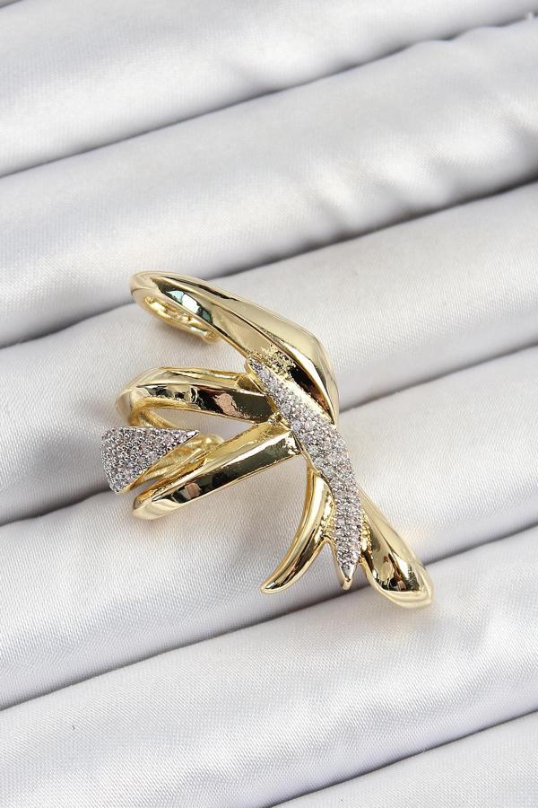 Pirinç Zirkon Taşlı Sıkıştırma Sağ Kıkırdak Gold Renk Kadın Küpe - EBJ250620W35741 - Image 1