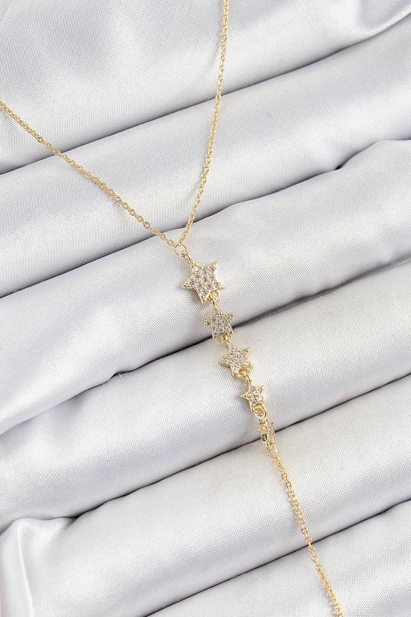 Pirinç Zirkon Taşlı Sıralı Yıldız Figürlü Y Model Gold Renk Kadın Kolye - EBJ250628W35858 - Image 1