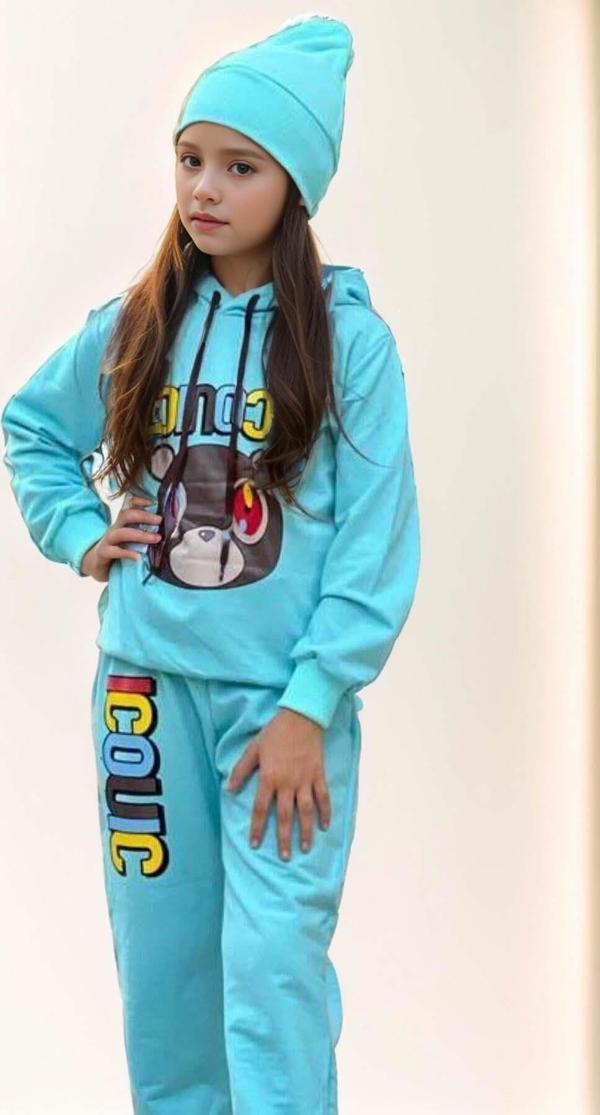Kız Çocuk Ayıcık ve İconic Yazı Baskılı Kapüşonlu Sweatshirt Aqua Eşofman Takım - Image 1