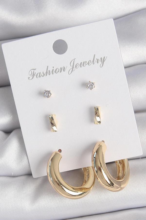 Pirinç Gold Renk Zirkon Taşlı Halka Model 3 Çift Kadın Küpe Seti - EBJ250522W34234 - Image 1