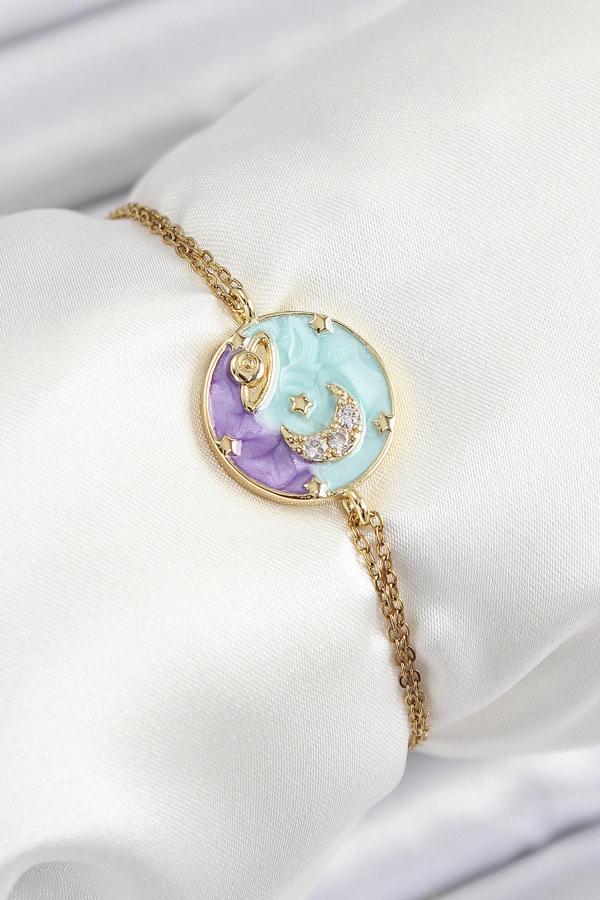 Zincir Mineli Sanatsal Portre Zirkon Taşlı Gezegen Model Gold Renk Kadın Bileklik - EBJ250628W35833 - Image 1