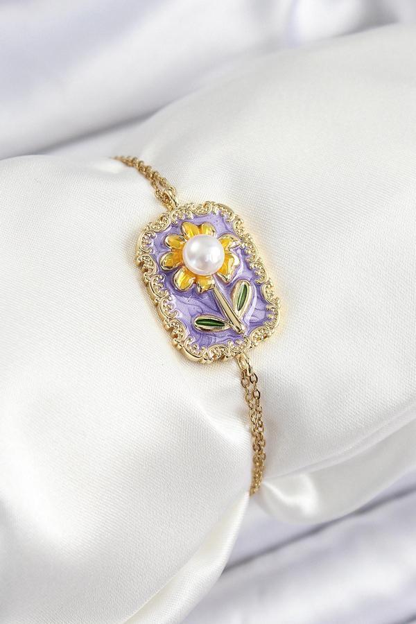 Zincir Mor Mineli Sanatsal Portre İnci Detaylı Papatya Model Gold Renk Kadın Bileklik - EBJ250628W35831 - Image 1