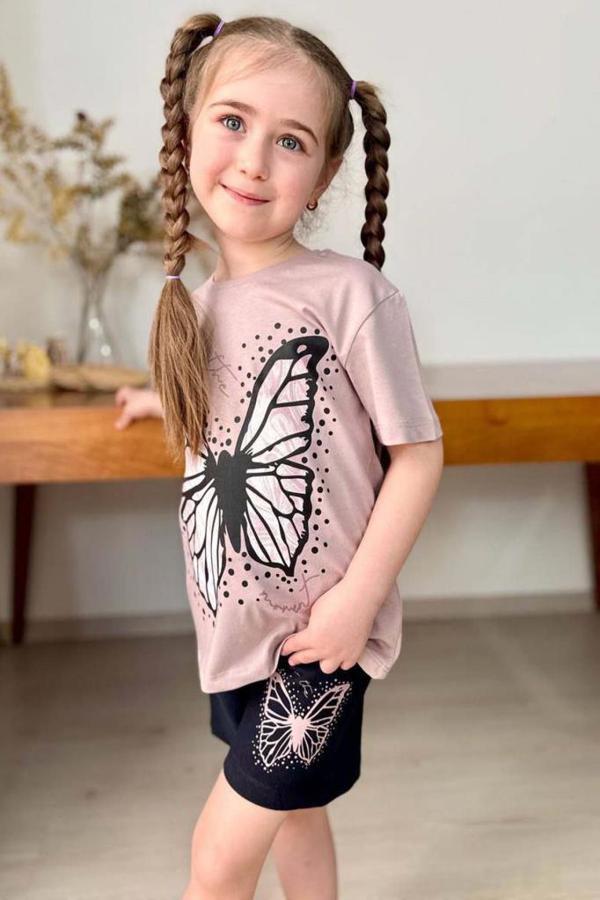 Kız Çocuk Kara Kalem Kelebek Baskılı Penye Pudra T-Shirt Şortlu Takım - Image 1
