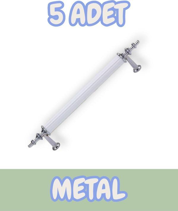 Tuana Rustik Alüminyum Metal Lüks Modern Mobilya Çekmece Mutfak Dolabı Kulpu Beyaz-Krom (5 Adet) - Image 1