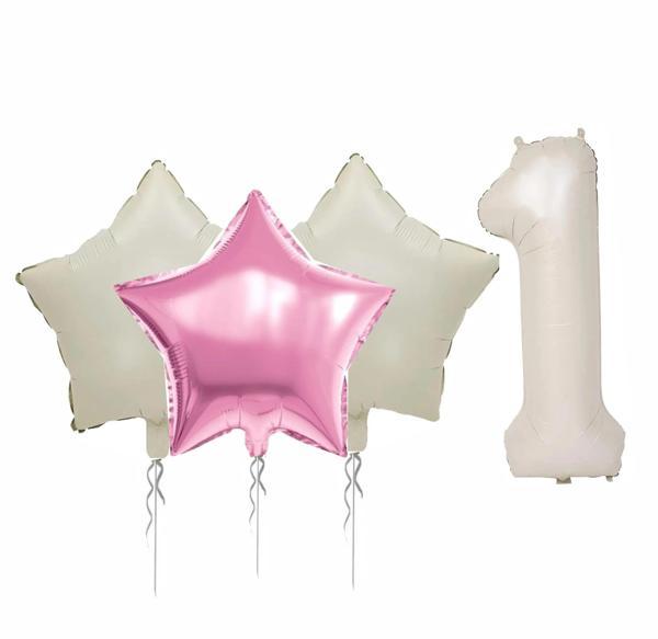 1 YAŞ BEJ RENK FOLYO BALON, 1 ADET PEMBE, 2 ADET BEJ YILDIZ FOLYO BALON - Image 1