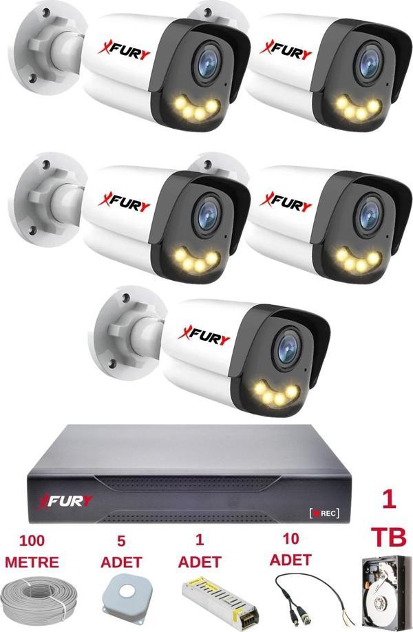 FURY 5 Kameralı 4 Warm Led Gece Renkli Görüş-Cepten İzle-Su Geçirmez Güvenlik Kamerası Seti 1TB - Image 1
