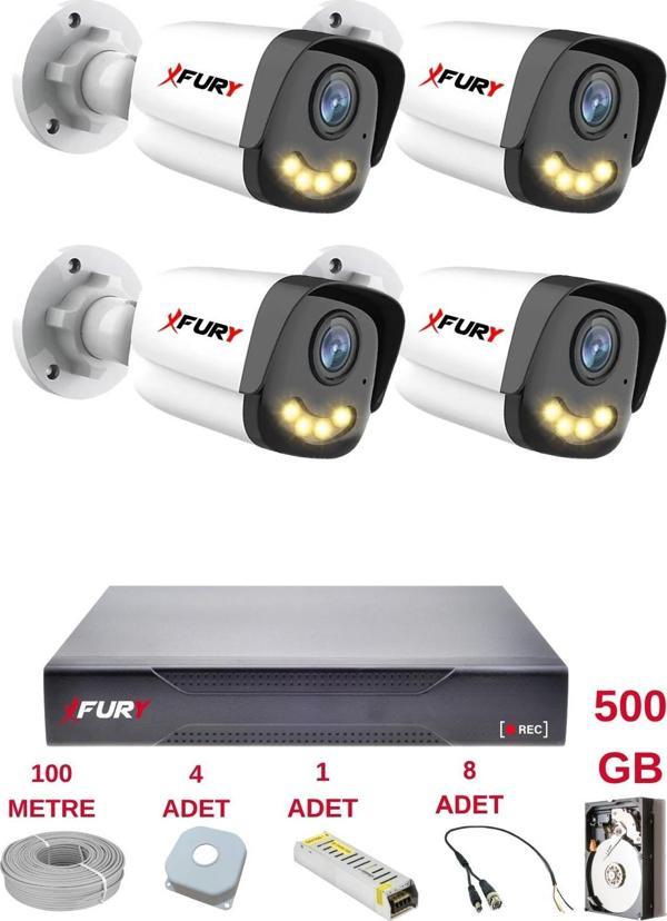 FURY 4 Kameralı 4 Warm Led Gece Renkli Görüş-Cepten İzle-Su Geçirmez Güvenlik Kamerası Seti 500GB - Image 1