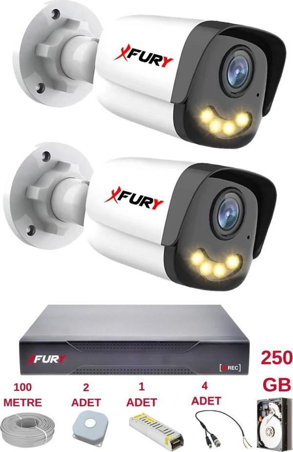 FURY 2 Kameralı 4 Warm Led Gece Renkli Görüş-Cepten İzle-Su Geçirmez Güvenlik Kamerası Seti 250GB - Image 1