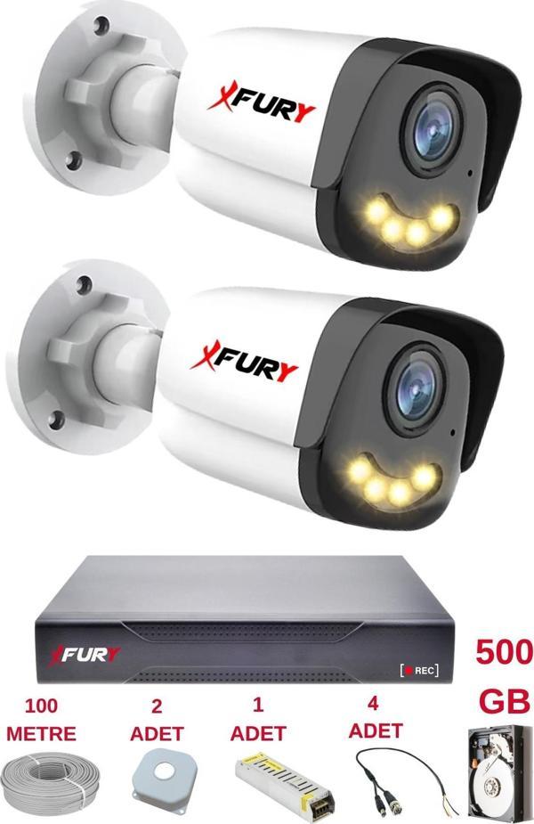 FURY 2 Kameralı 4 Warm Led Gece Renkli Görüş-Cepten İzle-Su Geçirmez Güvenlik Kamerası Seti 500GB - Image 1