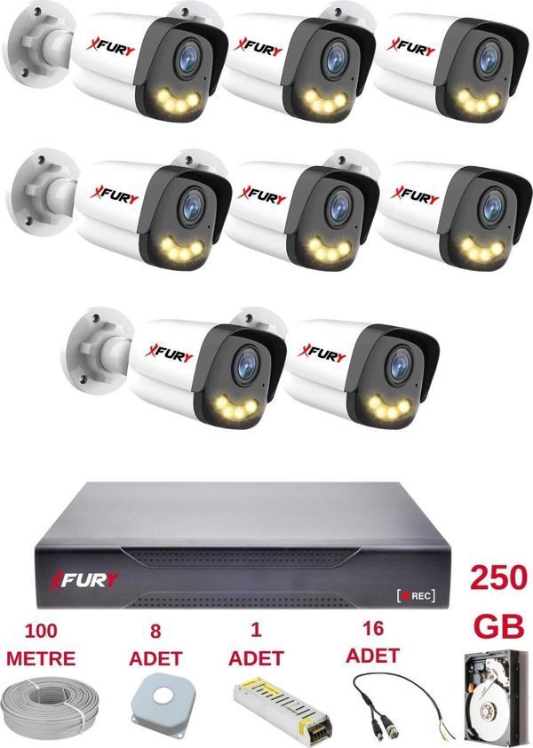 FURY 8 Kameralı 4 Warm Led Gece Renkli Görüş-Cepten İzle-Su Geçirmez Güvenlik Kamerası Seti 250GB - Image 1