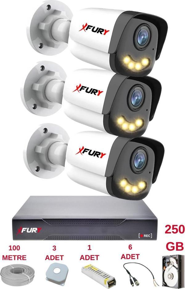 FURY 3 Kameralı 4 Warm Led Gece Renkli Görüş-Cepten İzle-Su Geçirmez Güvenlik Kamerası Seti 250GB - Image 1