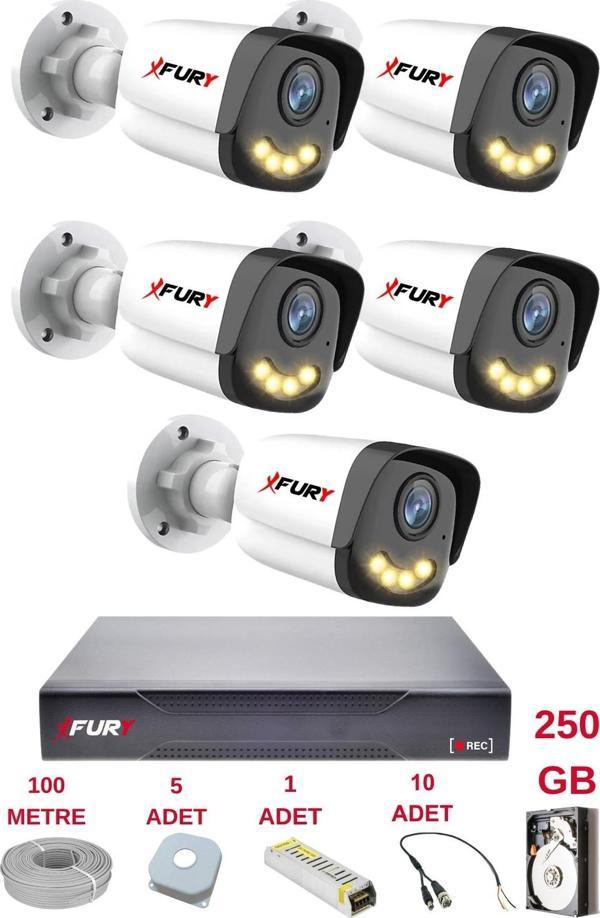FURY 5 Kameralı 4 Warm Led Gece Renkli Görüş-Cepten İzle-Su Geçirmez Güvenlik Kamerası Seti 250GB - Image 1