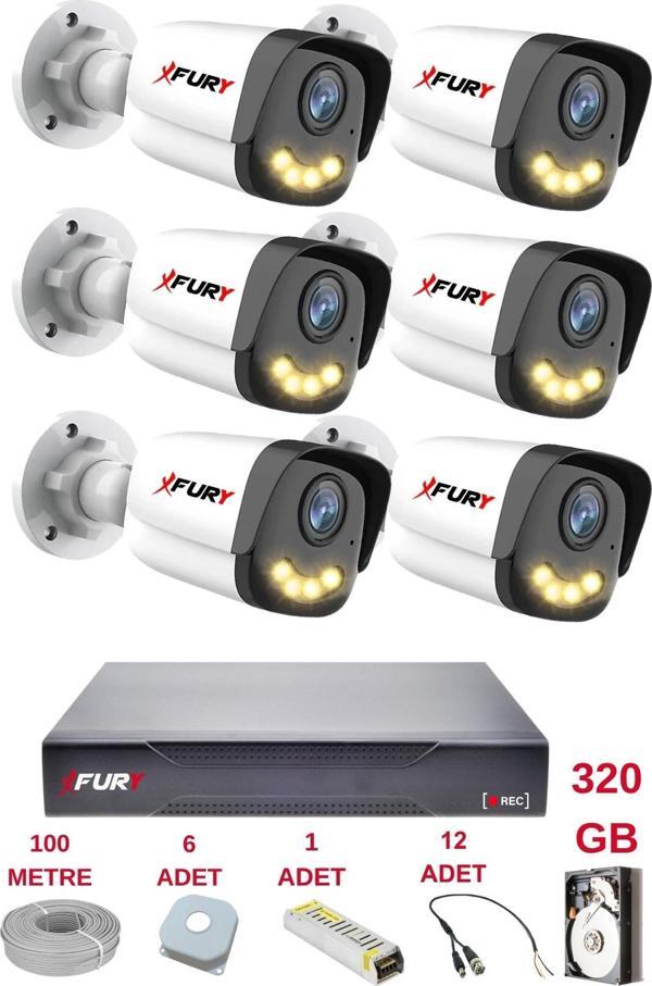 FURY 6 Kameralı 4 Warm Led Gece Renkli Görüş-Cepten İzle-Su Geçirmez Güvenlik Kamerası Seti 320GB - Image 1