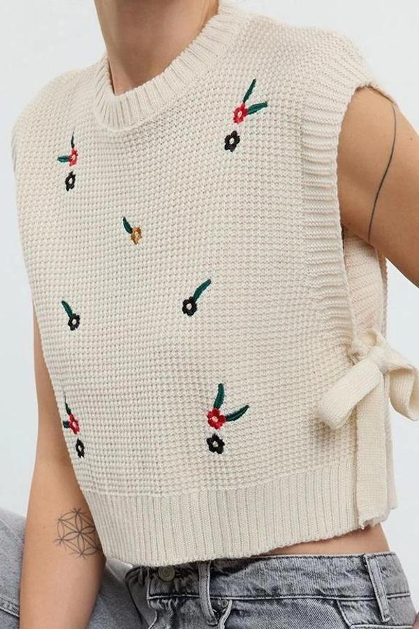 Stil Modern Kadın Regular Standart Kol Bisiklet Yaka İşlemeli Triko Süveter - Image 1