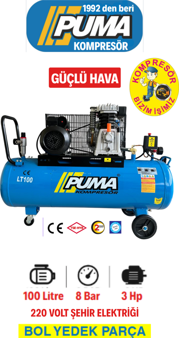 PUMA 100 Litre Yağlı Alüminyum Kafa Kompresör 3 Hp - Image 1