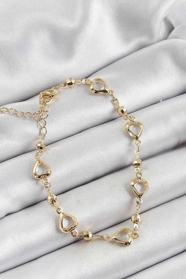 Pirinç Şeffaf Kalp Model Gold Renk Zirkon Taşlı Kadın Bileklik - Image 1