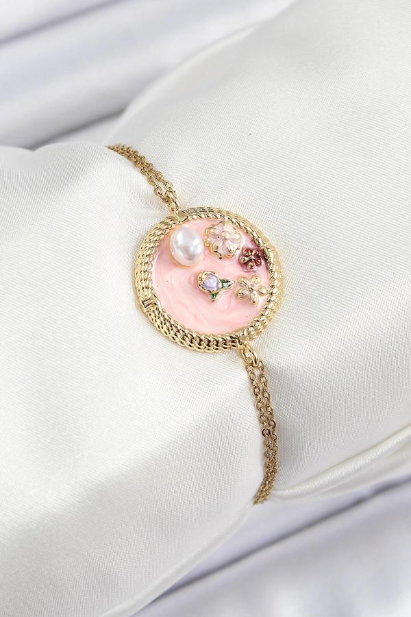 Celira Çelik Zincir Pembe Mineli Sanatsal Portre İnci Detaylı Çiçek Model Gold Renk Kadın Bileklik - Image 1