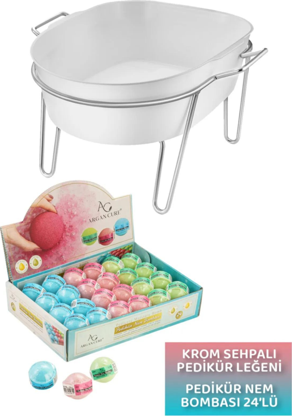 Argan Cure Krom Sehpalı Pedikür Leğeni Beyaz + Pedikür Nem Bombası 24'lü - Image 1