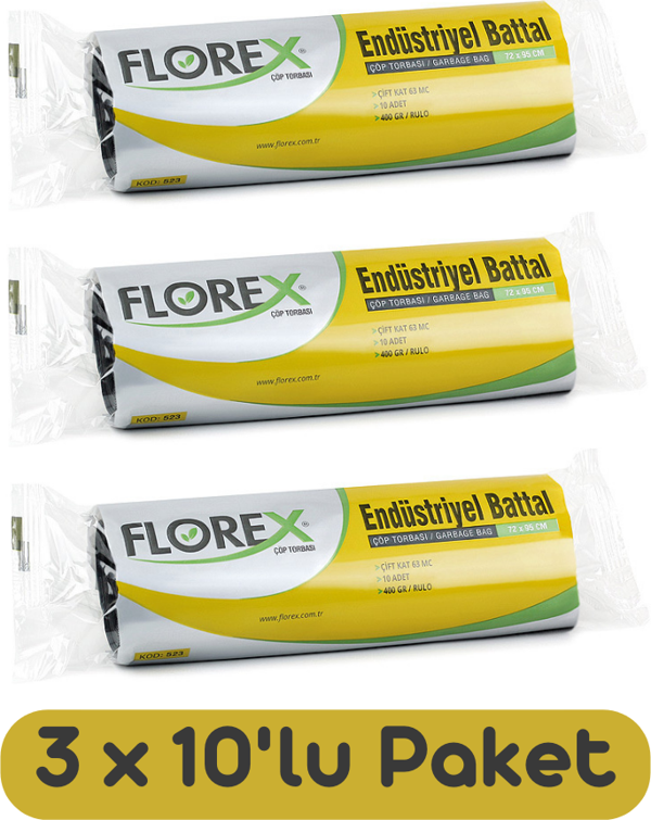 Florex Endüstriyel Battal Boy Çöp Torbası 72x95 Cm 10'lu Rulo Siyah 3 Rulo (30 Adet) - Image 1