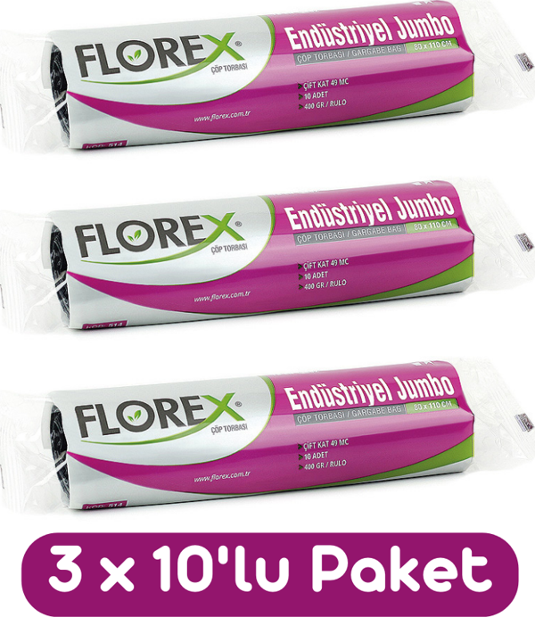 Florex Endüstriyel Jumbo Boy Çöp Torbası 80x110 Cm 10'lu Rulo Siyah 3 Rulo (30 Adet) - Image 1