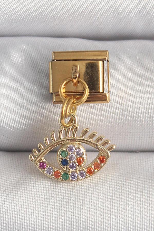 316L Çelik Gold Renk Sallantı Renkli Zirkon Taşlı Göz Model Nomination Charm - Image 1
