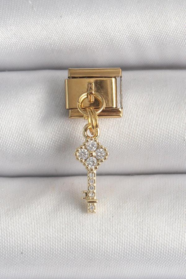 316L Çelik Gold Renk Sallantı Zirkon Taşlı Anahtar Model Nomination Charm - Image 1