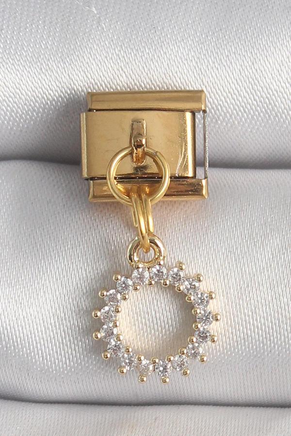 316L Çelik Gold Renk Zirkon Taşlı Sallantı Güneş Model Nomination Charm - Image 1