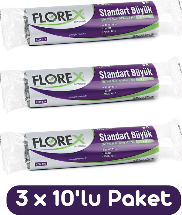 Florex Standart Büyük Boy Çöp Torbası 65x80 Cm 10'lu Rulo Siyah 3 Rulo (30 Adet) - Image 1