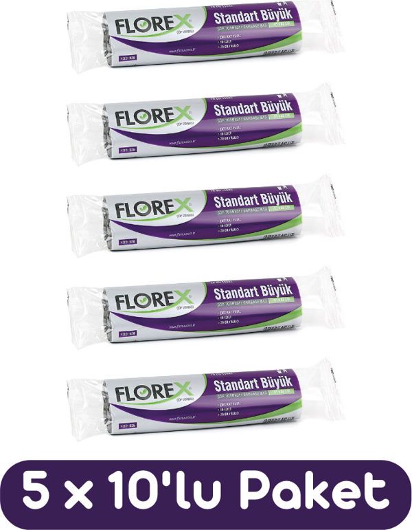 Florex Standart Büyük Boy Çöp Torbası 65x80 Cm 10'lu Rulo Siyah 5 Rulo (50 Adet) - Image 1