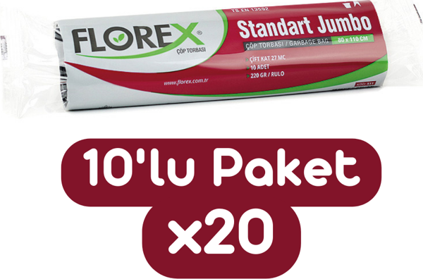 Florex Standart Jumbo Boy Çöp Torbası 80x110 Cm 10'lu Rulo Siyah 20 Rulo (200 Adet 1 Koli) - Image 1