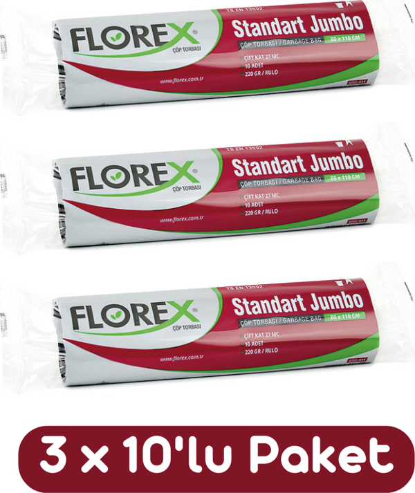 Florex Standart Jumbo Boy Çöp Torbası 80x110 Cm 10'lu Rulo Siyah 3 Rulo (30 Adet) - Image 1