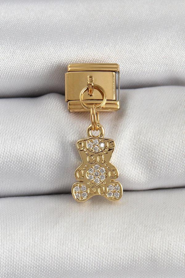 316L Çelik Sallantılı Zirkon Taşlı Ayıcık Model Gold Renk Nomination Charm - Image 1