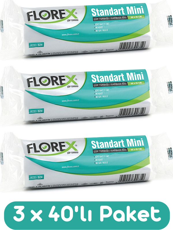 Florex Standart Mini Boy Çöp Torbası 44x45 Cm 40'lı Rulo Beyaz 3 Rulo (120 Adet) - Image 1