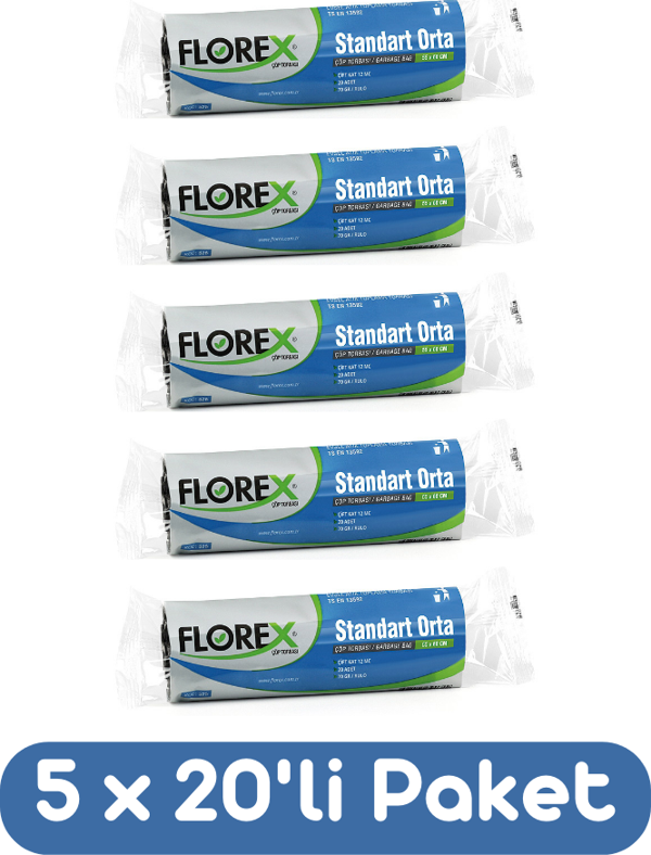 Florex Standart Orta Boy Çöp Torbası 55x60 Cm 20'li Rulo Siyah 5 Rulo (100 Adet) - Image 1