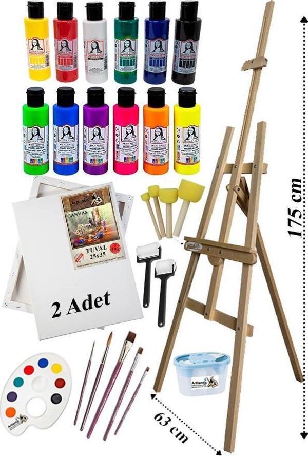 Akrilik Boya Resim Seti Südor Monalisa 12 Renk 70 ml Akrilik Boya 2 Tuval 25x35 Fırça Spatula Şövale - Image 1