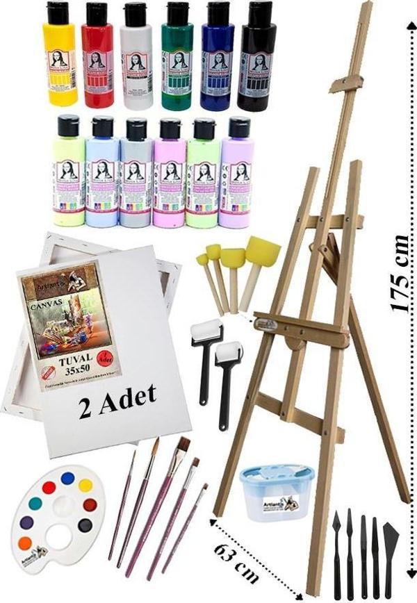 Akrilik Boya Resim Seti Südor Monalisa 12 Renk 70 ml Akrilik Boya 2 Tuval 35x50 Fırça Spatula Şövale - Image 1