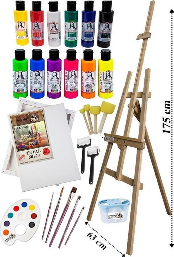 Akrilik Boya Resim Seti Südor Monalisa 12 Renk 70 ml Akrilik Boya 2 Tuval 50x70 Fırça Spatula Şövale - Image 1
